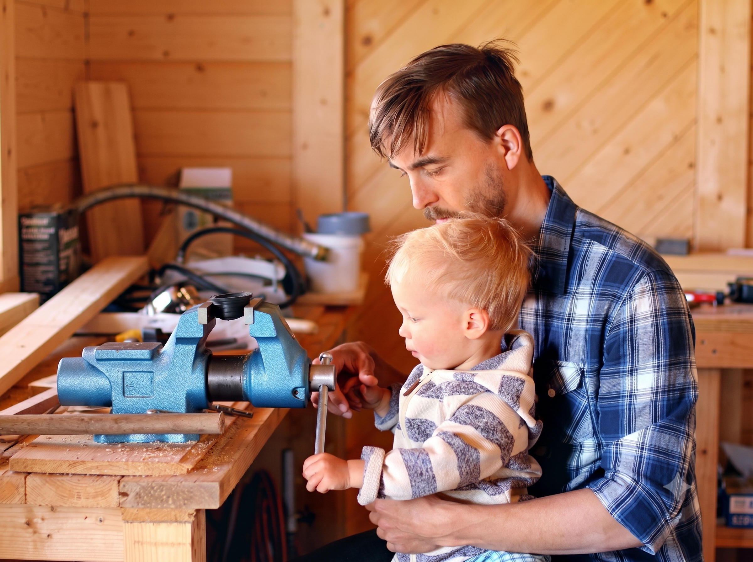 Father and child working together in a workshop
